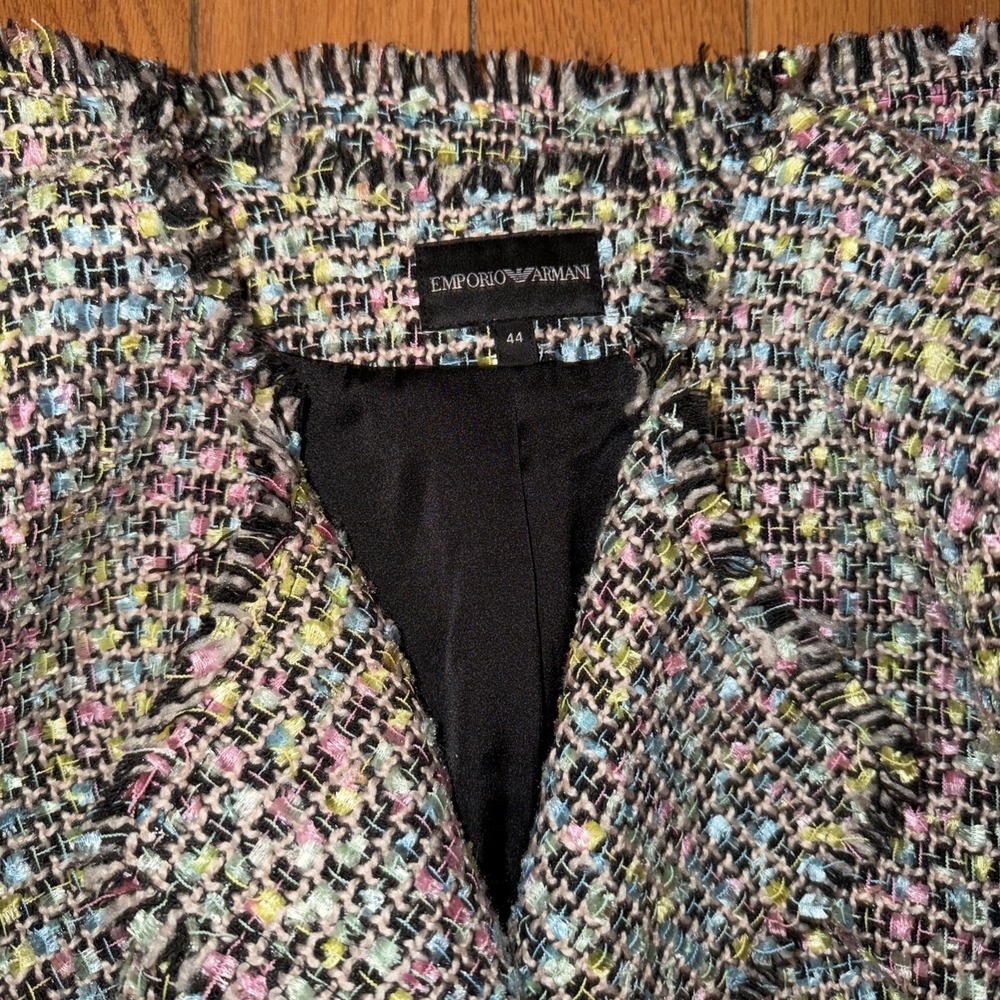 Emporio Armani Women's Multi Color Pastel Tweed Blazer Size 44 US 12 Fringe - Picture 8 of 10